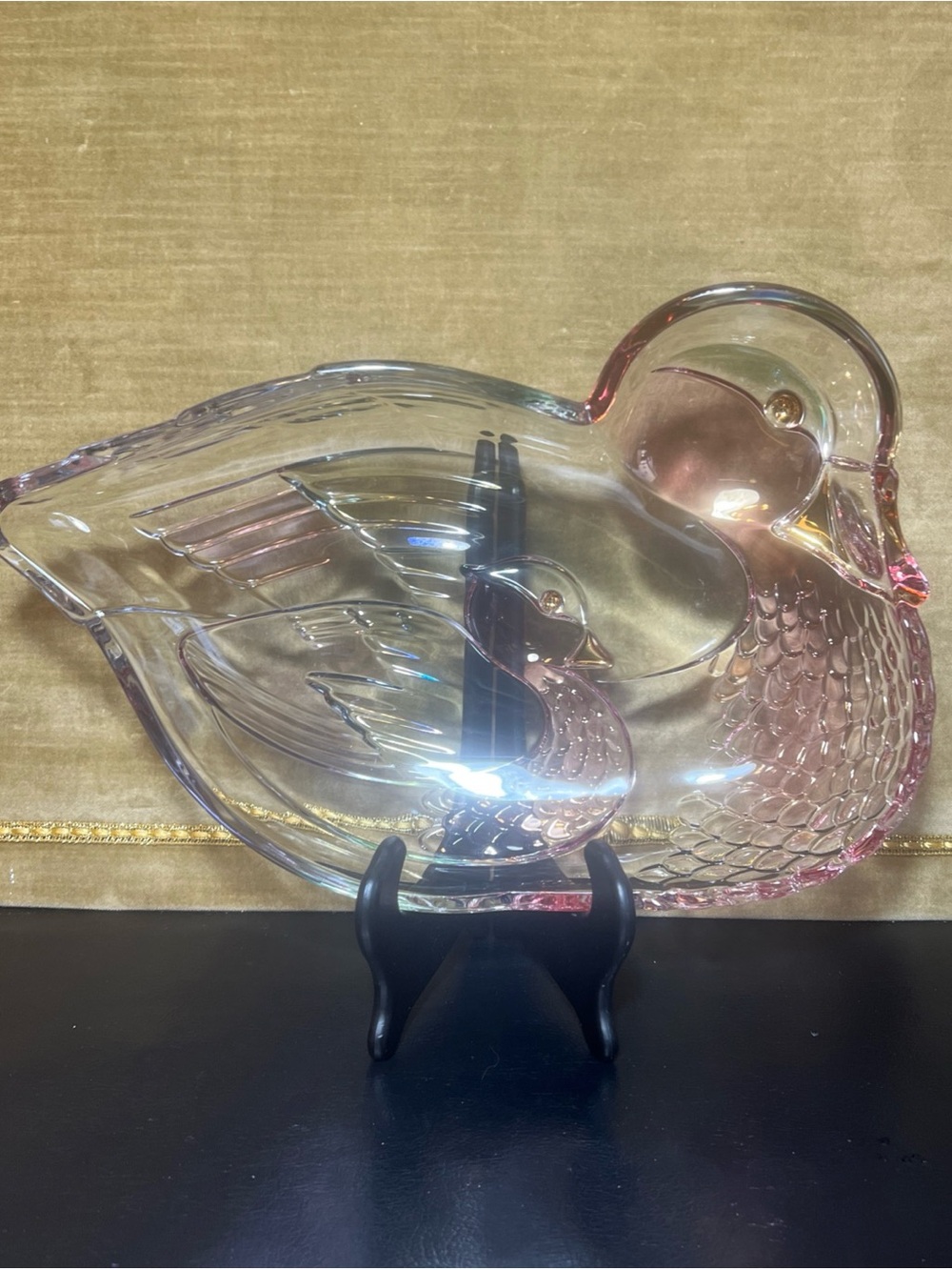 Vintage 1970s Walther Glass Duck Bowl Rose Tinted Glass Gold Accents Germany 12”